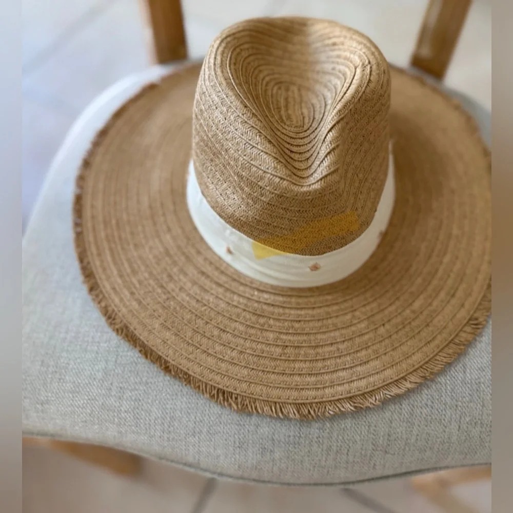 Kensie Tan Straw Sun Hat with Gold Thread Polka Dots on Cream Colored Hat Band